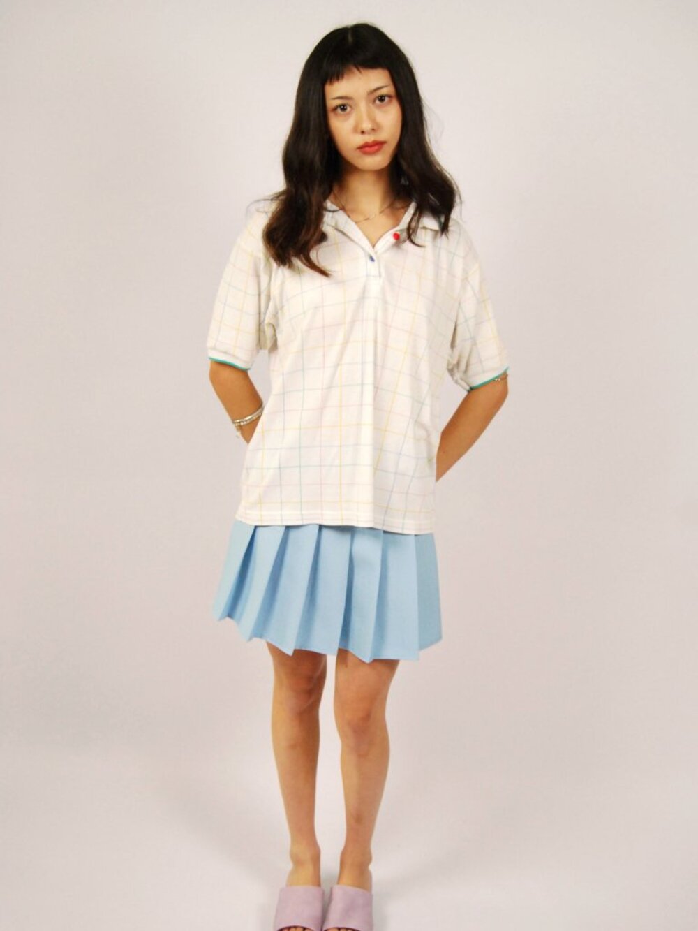 80s Grid Print Polo (L) large white pastel vintage mens dress shirt colorful